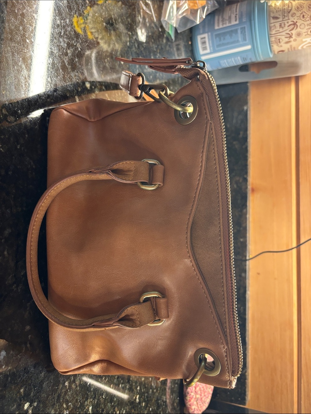 Joy Susan Brown Leather Satchel with Brass Hardware